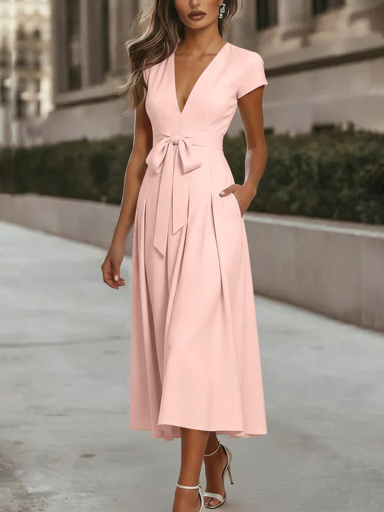 A-Line/Princess V-Neck Stretch Satin Cocktail Dresses Tea-Length Short Sleeves Knot Bow Formal Dress