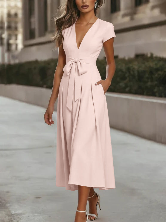 A-Line/Princess V-Neck Stretch Satin Cocktail Dresses Tea-Length Short Sleeves Knot Bow Formal Dress