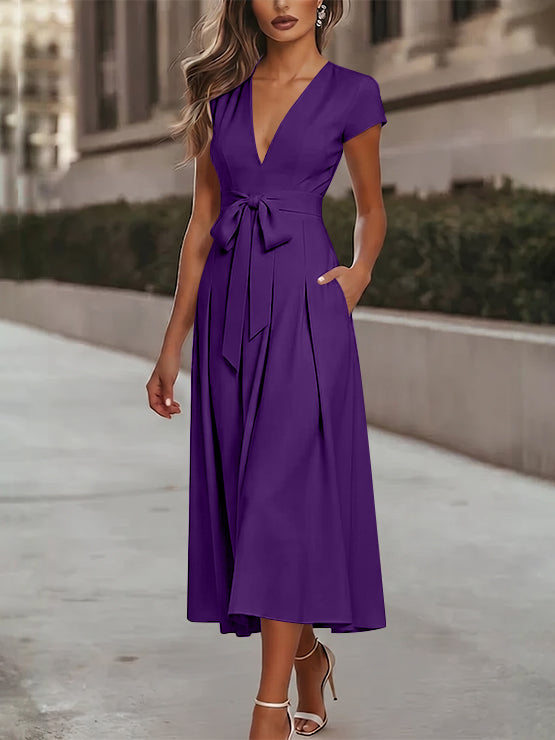 A-Line/Princess V-Neck Stretch Satin Cocktail Dresses Tea-Length Short Sleeves Knot Bow Formal Dress