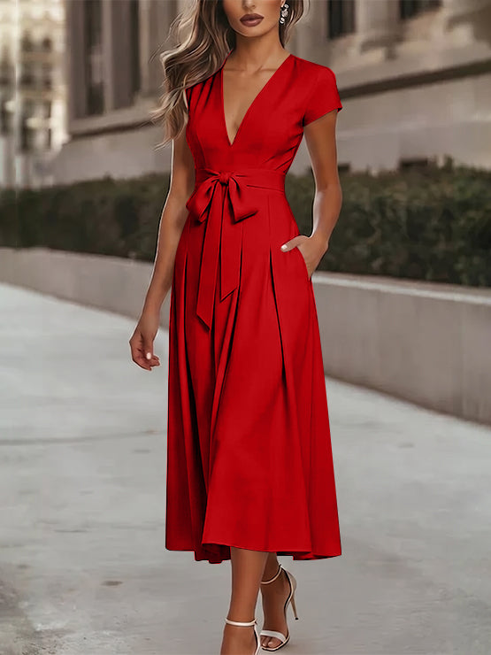 A-Line/Princess V-Neck Stretch Satin Cocktail Dresses Tea-Length Short Sleeves Knot Bow Formal Dress