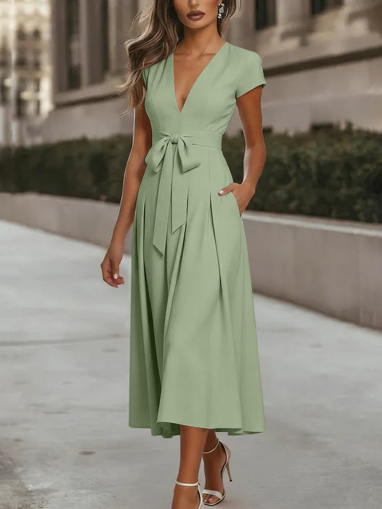 A-Line/Princess V-Neck Stretch Satin Cocktail Dresses Tea-Length Short Sleeves Knot Bow Formal Dress