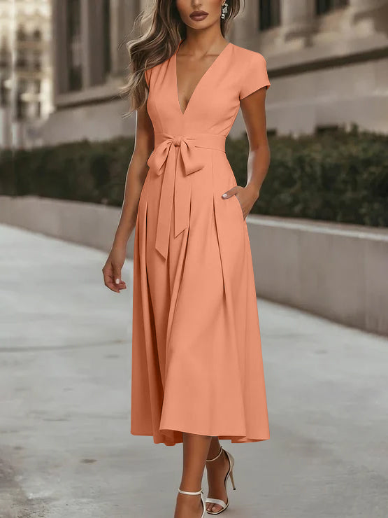 A-Line/Princess V-Neck Stretch Satin Cocktail Dresses Tea-Length Short Sleeves Knot Bow Formal Dress