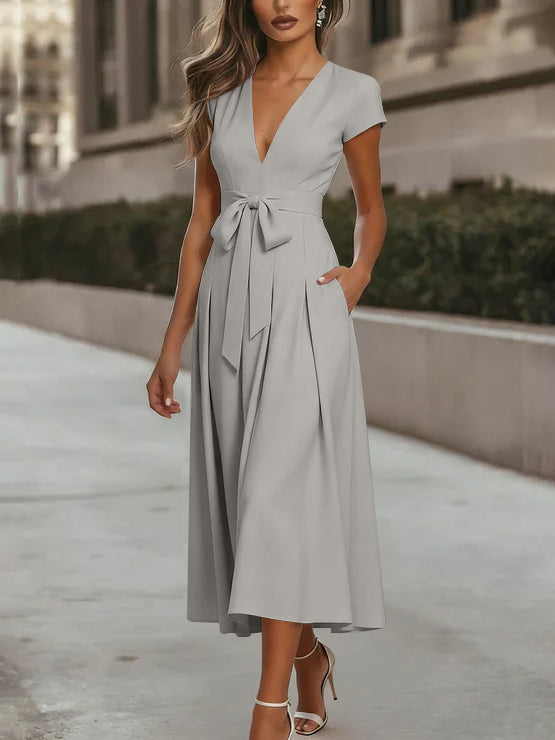 A-Line/Princess V-Neck Stretch Satin Cocktail Dresses Tea-Length Short Sleeves Knot Bow Formal Dress