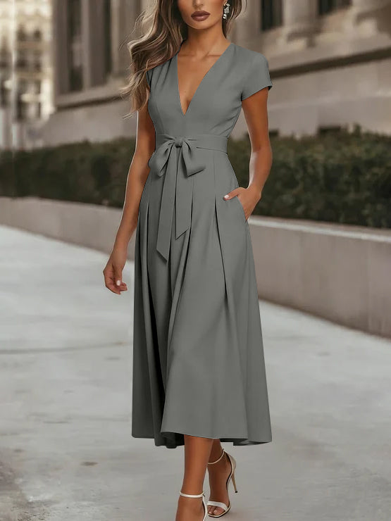 A-Line/Princess V-Neck Stretch Satin Cocktail Dresses Tea-Length Short Sleeves Knot Bow Formal Dress