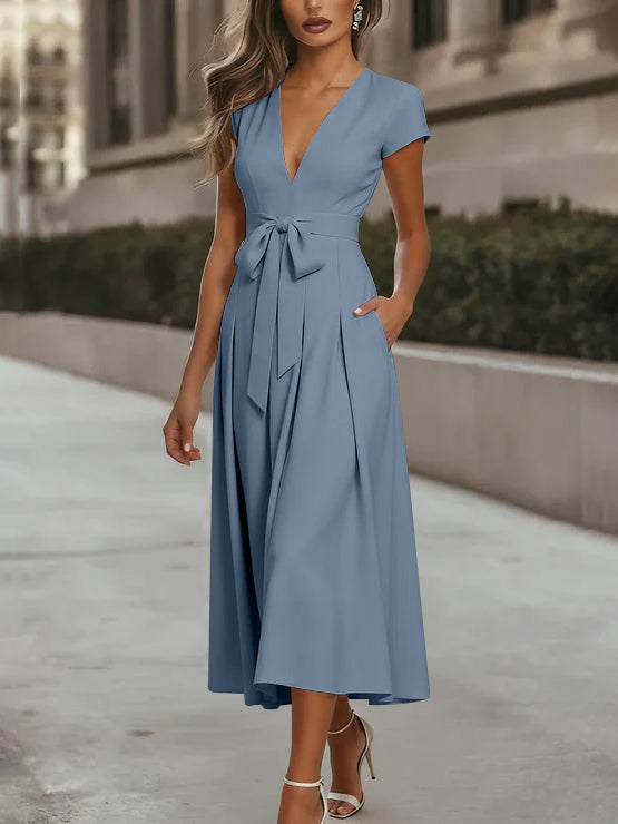 A-Line/Princess V-Neck Stretch Satin Cocktail Dresses Tea-Length Short Sleeves Knot Bow Formal Dress