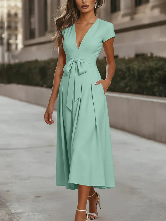 A-Line/Princess V-Neck Stretch Satin Cocktail Dresses Tea-Length Short Sleeves Knot Bow Formal Dress