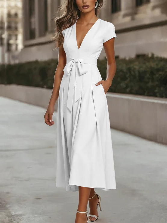 A-Line/Princess V-Neck Stretch Satin Cocktail Dresses Tea-Length Short Sleeves Knot Bow Formal Dress