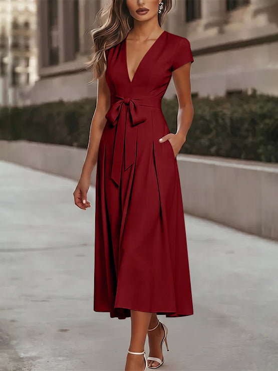 A-Line/Princess V-Neck Stretch Satin Cocktail Dresses Tea-Length Short Sleeves Knot Bow Formal Dress
