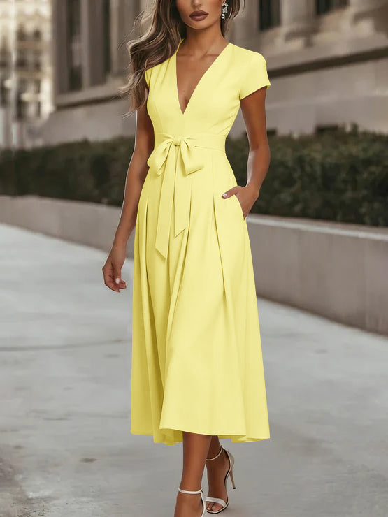A-Line/Princess V-Neck Stretch Satin Cocktail Dresses Tea-Length Short Sleeves Knot Bow Formal Dress