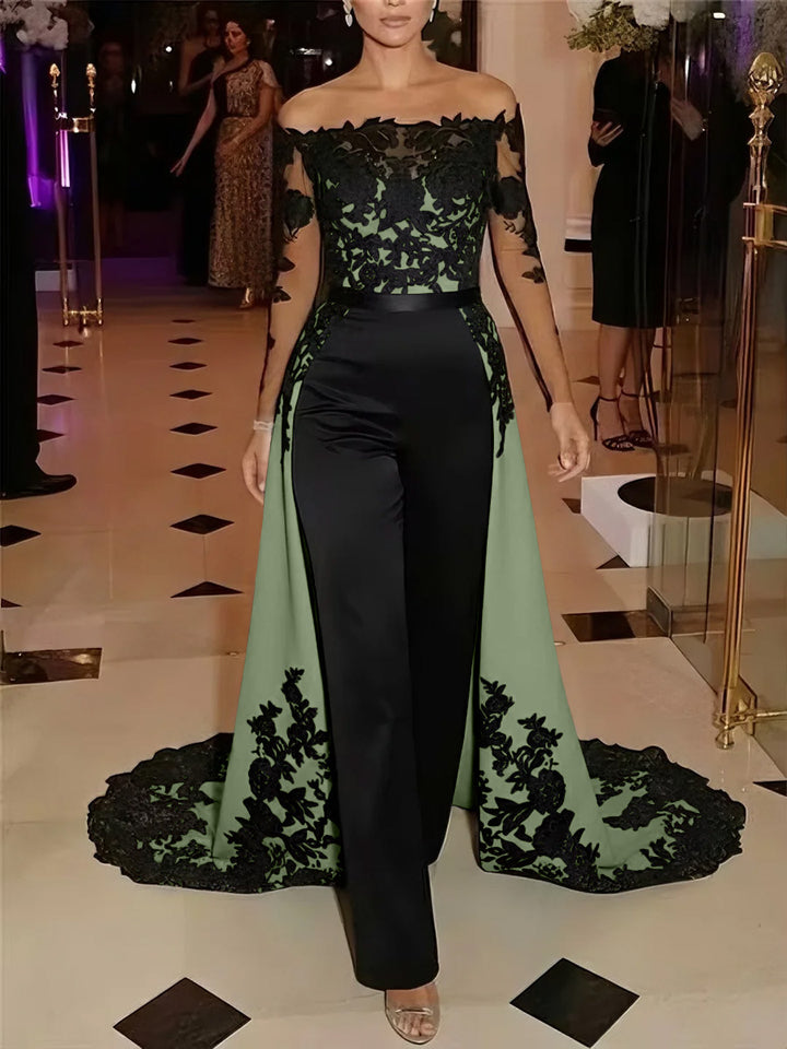 Jumpsuit Off-the-Shoulder Stretch Satin Evening Dresses with Overskirt Lace Long Sleeves Party Dresses