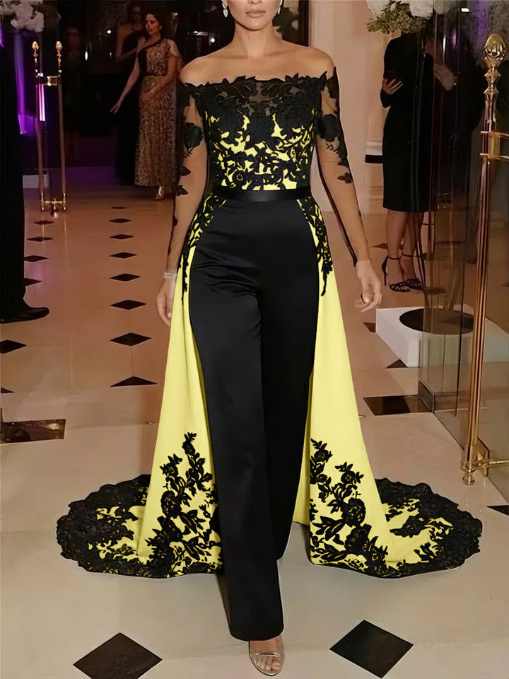 Jumpsuit Off-the-Shoulder Stretch Satin Evening Dresses with Overskirt Lace Long Sleeves Party Dresses