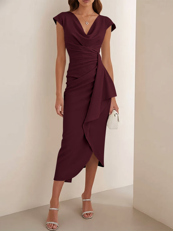 Sheath/Column V-Neck Stretch Satin Cocktail Dresses Tea-Length Sleeveless Ruffles Formal Dresses