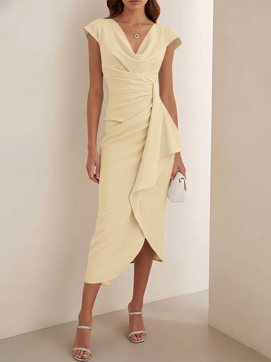 Sheath/Column V-Neck Stretch Satin Cocktail Dresses Tea-Length Sleeveless Ruffles Formal Dresses