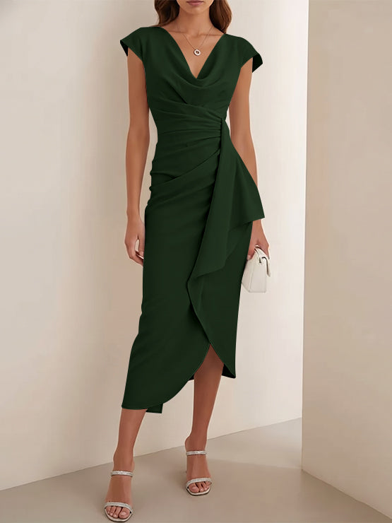 Sheath/Column V-Neck Stretch Satin Cocktail Dresses Tea-Length Sleeveless Ruffles Formal Dresses