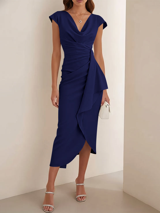 Sheath/Column V-Neck Stretch Satin Cocktail Dresses Tea-Length Sleeveless Ruffles Formal Dresses