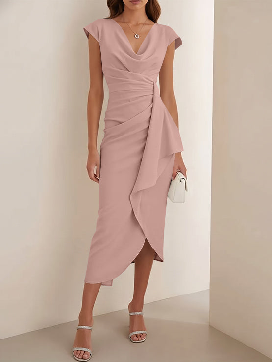 Sheath/Column V-Neck Stretch Satin Cocktail Dresses Tea-Length Sleeveless Ruffles Formal Dresses Taupe
