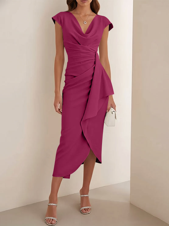 Sheath/Column V-Neck Stretch Satin Cocktail Dresses Tea-Length Sleeveless Ruffles Formal Dresses