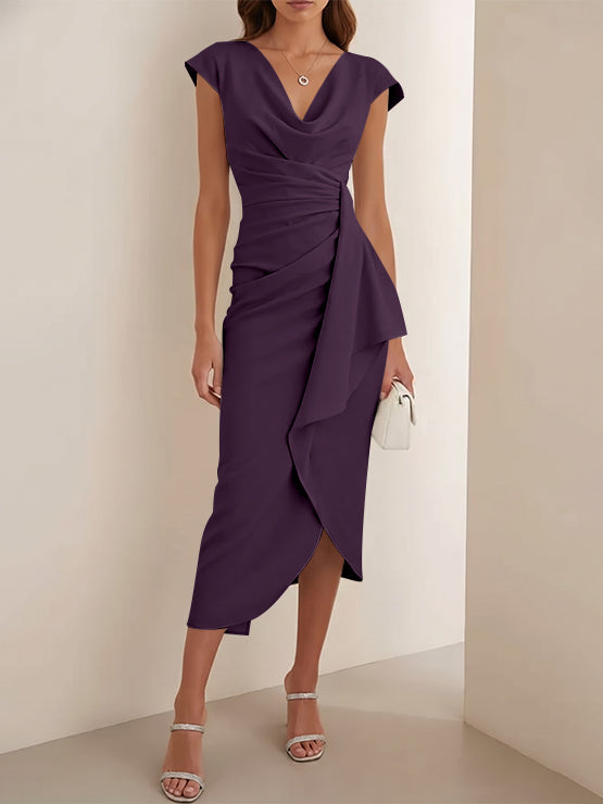 Sheath/Column V-Neck Stretch Satin Cocktail Dresses Tea-Length Sleeveless Ruffles Formal Dresses