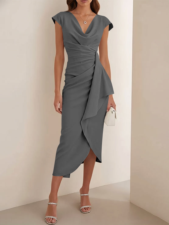 Sheath/Column V-Neck Stretch Satin Cocktail Dresses Tea-Length Sleeveless Ruffles Formal Dresses