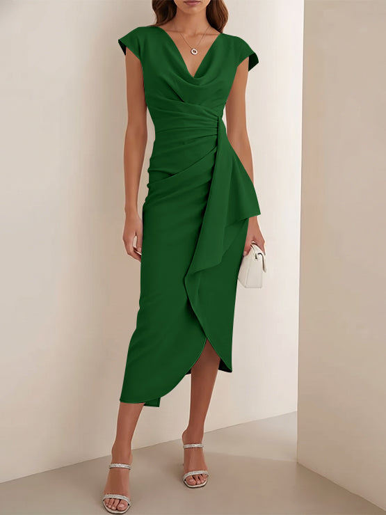 Sheath/Column V-Neck Stretch Satin Cocktail Dresses Tea-Length Sleeveless Ruffles Formal Dresses