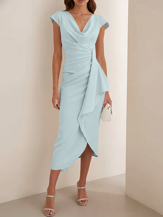 Sheath/Column V-Neck Stretch Satin Cocktail Dresses Tea-Length Sleeveless Ruffles Formal Dresses Taupe