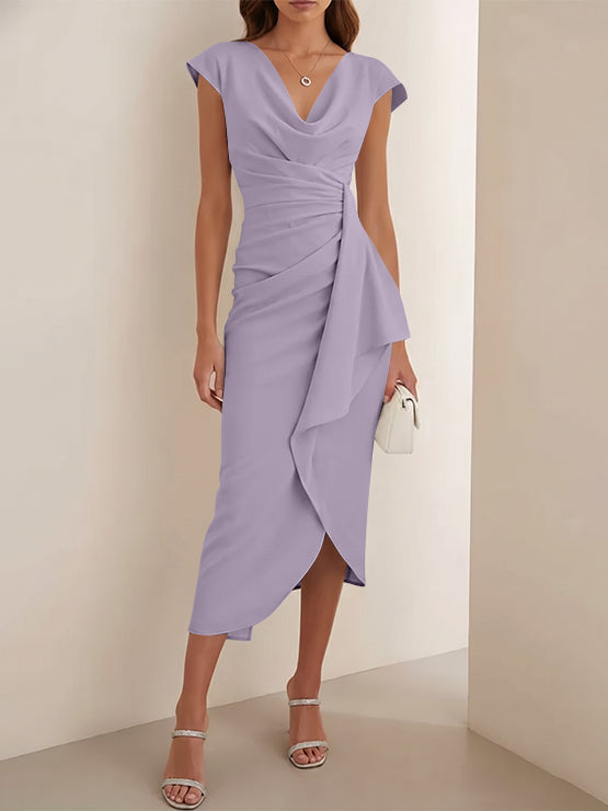 Sheath/Column V-Neck Stretch Satin Cocktail Dresses Tea-Length Sleeveless Ruffles Formal Dresses