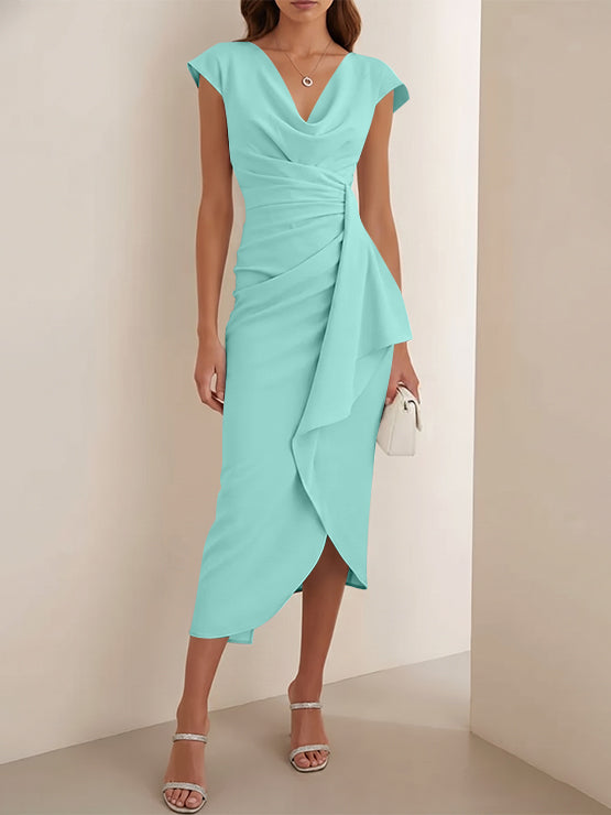 Sheath/Column V-Neck Stretch Satin Cocktail Dresses Tea-Length Sleeveless Ruffles Formal Dresses