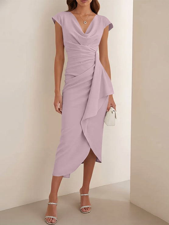 Sheath/Column V-Neck Stretch Satin Cocktail Dresses Tea-Length Sleeveless Ruffles Formal Dresses