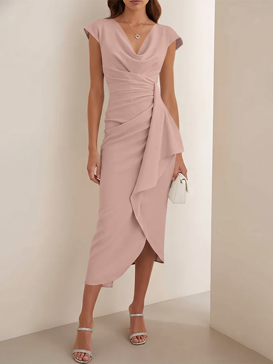 Sheath/Column V-Neck Stretch Satin Cocktail Dresses Tea-Length Sleeveless Ruffles Formal Dresses Taupe