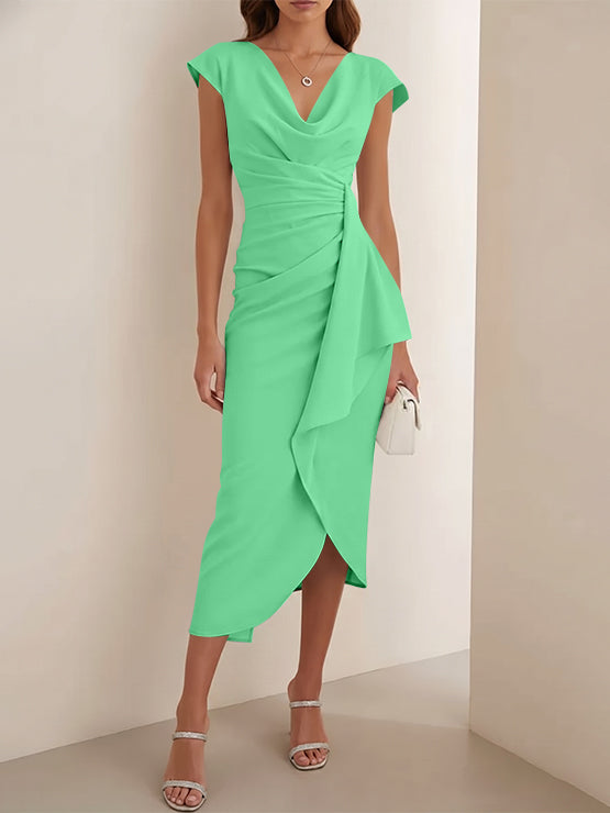 Sheath/Column V-Neck Stretch Satin Cocktail Dresses Tea-Length Sleeveless Ruffles Formal Dresses