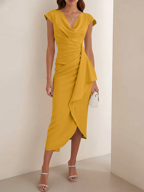 Sheath/Column V-Neck Stretch Satin Cocktail Dresses Tea-Length Sleeveless Ruffles Formal Dresses Mustard Yellow