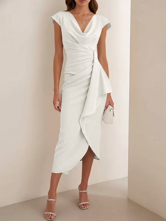 Sheath/Column V-Neck Stretch Satin Cocktail Dresses Tea-Length Sleeveless Ruffles Formal Dresses