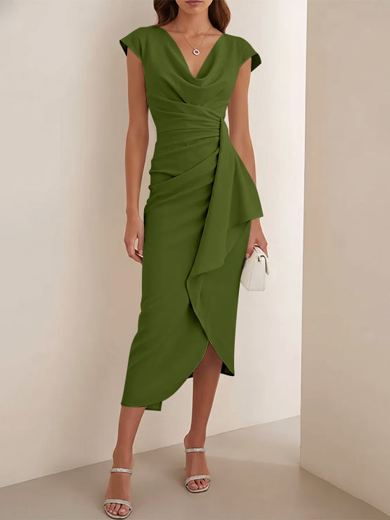 Sheath/Column V-Neck Stretch Satin Cocktail Dresses Tea-Length Sleeveless Ruffles Formal Dresses