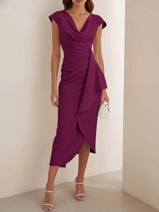 Sheath/Column V-Neck Stretch Satin Cocktail Dresses Tea-Length Sleeveless Ruffles Formal Dresses