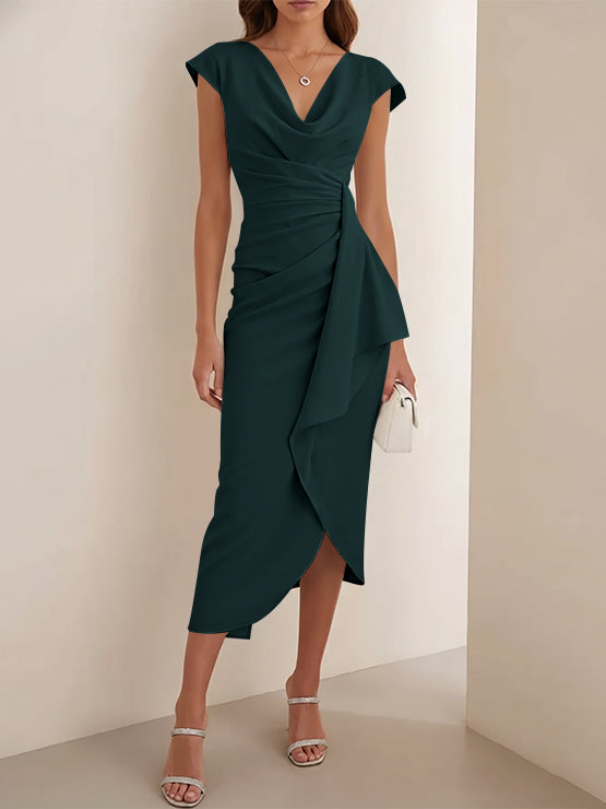Sheath/Column V-Neck Stretch Satin Cocktail Dresses Tea-Length Sleeveless Ruffles Formal Dresses