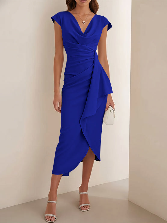 Sheath/Column V-Neck Stretch Satin Cocktail Dresses Tea-Length Sleeveless Ruffles Formal Dresses