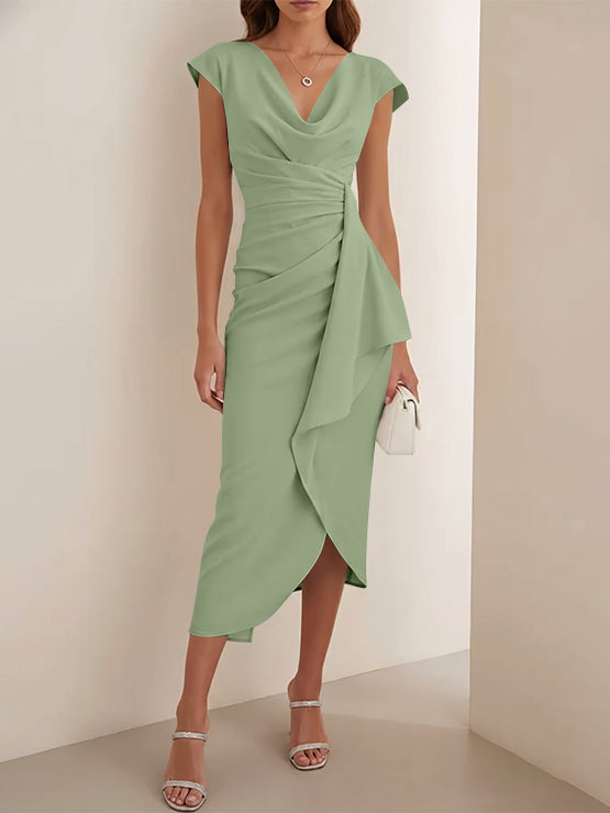 Sheath/Column V-Neck Stretch Satin Cocktail Dresses Tea-Length Sleeveless Ruffles Formal Dresses