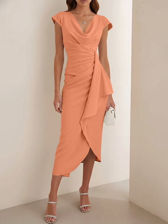 Sheath/Column V-Neck Stretch Satin Cocktail Dresses Tea-Length Sleeveless Ruffles Formal Dresses