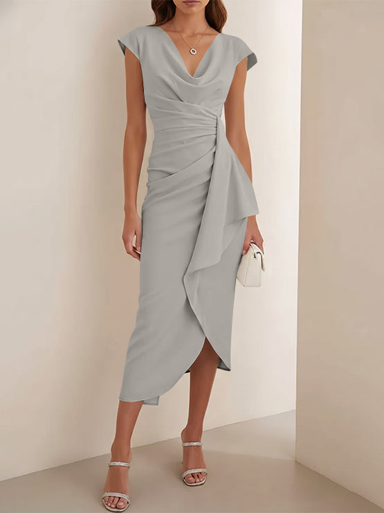 Sheath/Column V-Neck Stretch Satin Cocktail Dresses Tea-Length Sleeveless Ruffles Formal Dresses