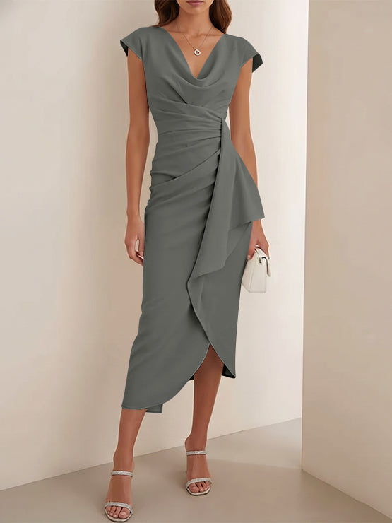 Sheath/Column V-Neck Stretch Satin Cocktail Dresses Tea-Length Sleeveless Ruffles Formal Dresses