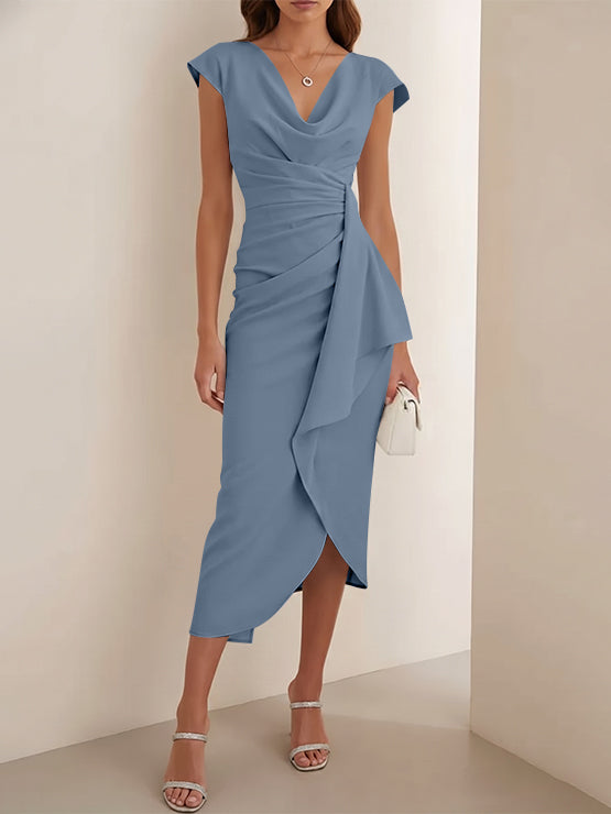 Sheath/Column V-Neck Stretch Satin Cocktail Dresses Tea-Length Sleeveless Ruffles Formal Dresses