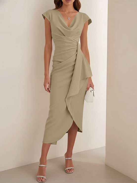 Sheath/Column V-Neck Stretch Satin Cocktail Dresses Tea-Length Sleeveless Ruffles Formal Dresses Taupe