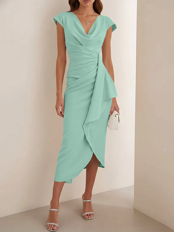 Sheath/Column V-Neck Stretch Satin Cocktail Dresses Tea-Length Sleeveless Ruffles Formal Dresses