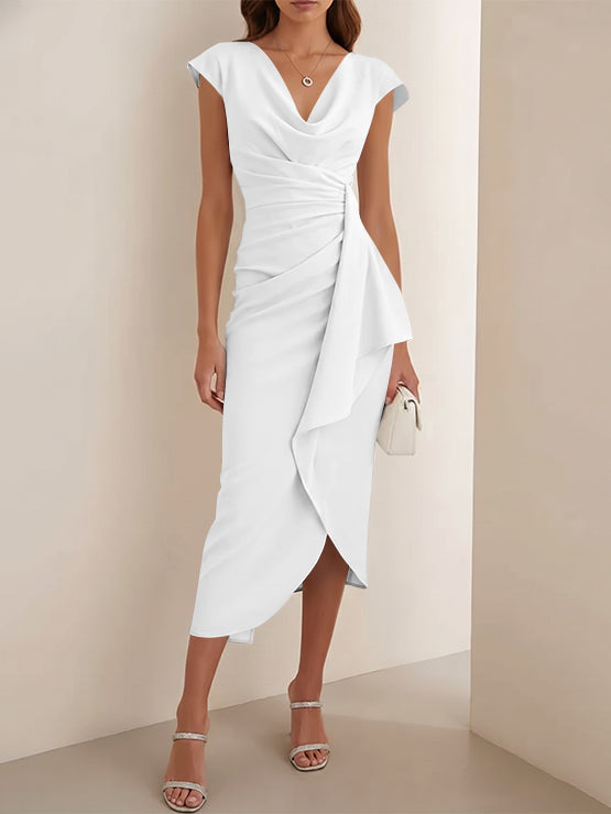 Sheath/Column V-Neck Stretch Satin Cocktail Dresses Tea-Length Sleeveless Ruffles Formal Dresses