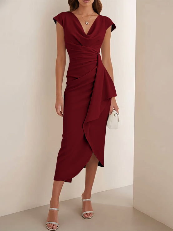 Sheath/Column V-Neck Stretch Satin Cocktail Dresses Tea-Length Sleeveless Ruffles Formal Dresses