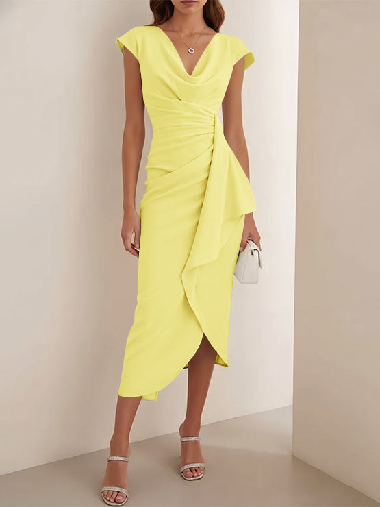 Sheath/Column V-Neck Stretch Satin Cocktail Dresses Tea-Length Sleeveless Ruffles Formal Dresses