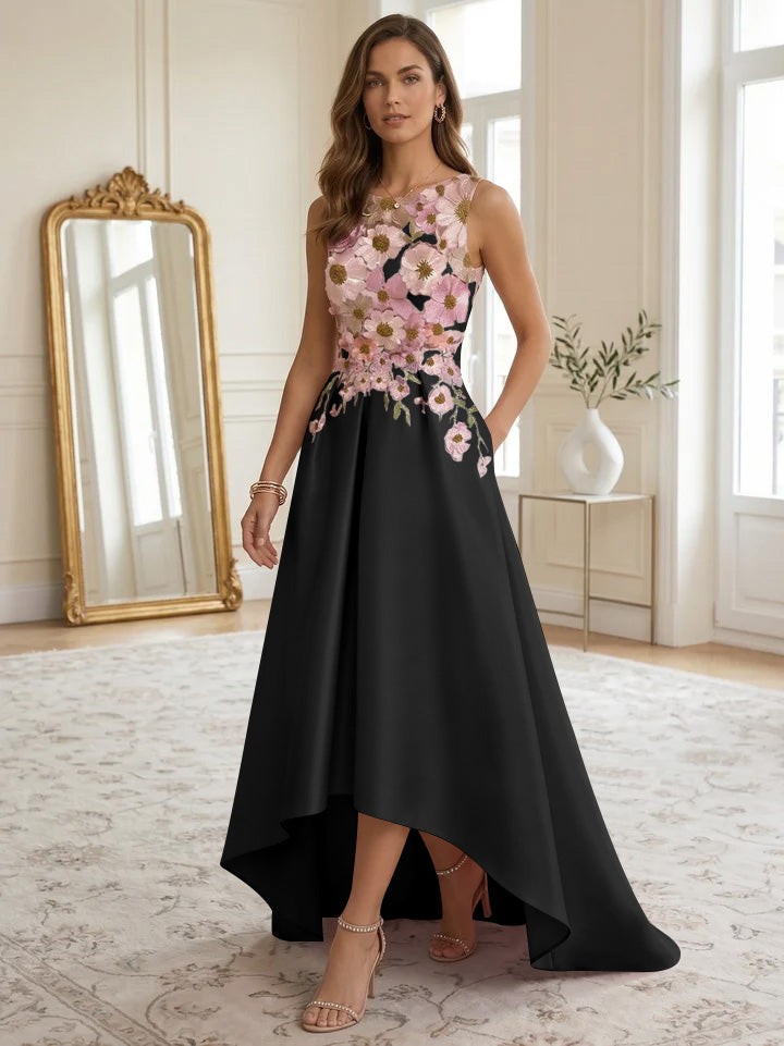 A-Line/Princess Scoop Satin Cocktail Dresses Asymmetrical Floor-Length Sleeveless Floral Lace Embroidery Formal Dresses