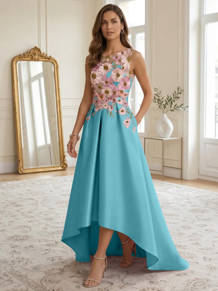 A-Line/Princess Scoop Satin Cocktail Dresses Asymmetrical Floor-Length Sleeveless Floral Lace Embroidery Formal Dresses