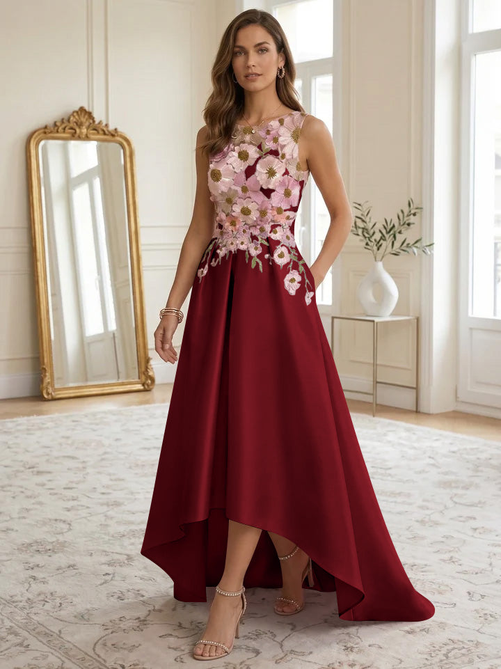 A-Line/Princess Scoop Satin Cocktail Dresses Asymmetrical Floor-Length Sleeveless Floral Lace Embroidery Formal Dresses