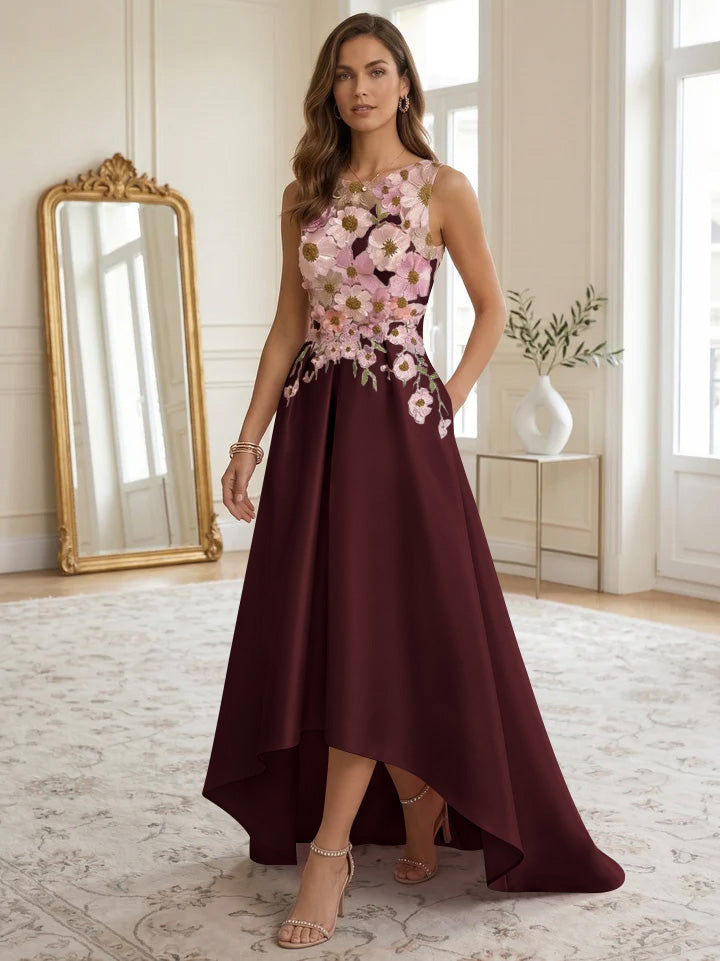 A-Line/Princess Scoop Satin Cocktail Dresses Asymmetrical Floor-Length Sleeveless Floral Lace Embroidery Formal Dresses